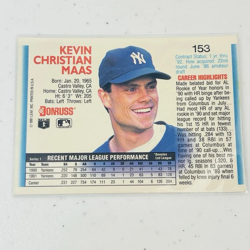 1992 Donruss 153 Kevin Maas New York Yankees Trading Card